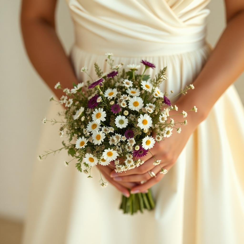 Detail von Brautkleid und Wiesenblumenstrauß