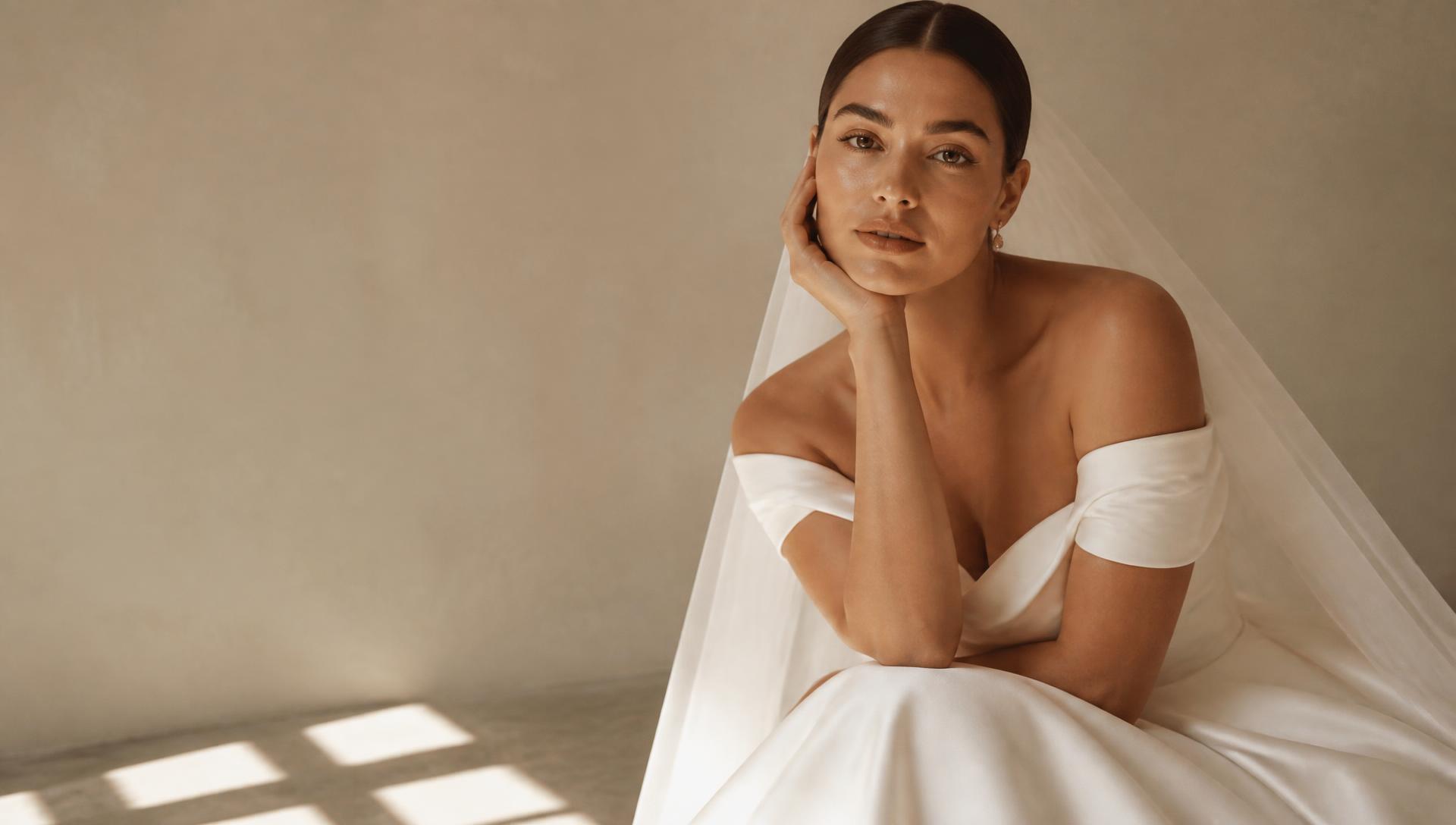 Braut in Seidenkleid mit natürlichem Make-up in warmen Nudetönen